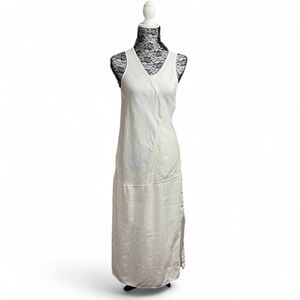 Cottagecore Linen Maxi Tank Dress‎ Cream Minimalist Pockets Buttons XS Feminine